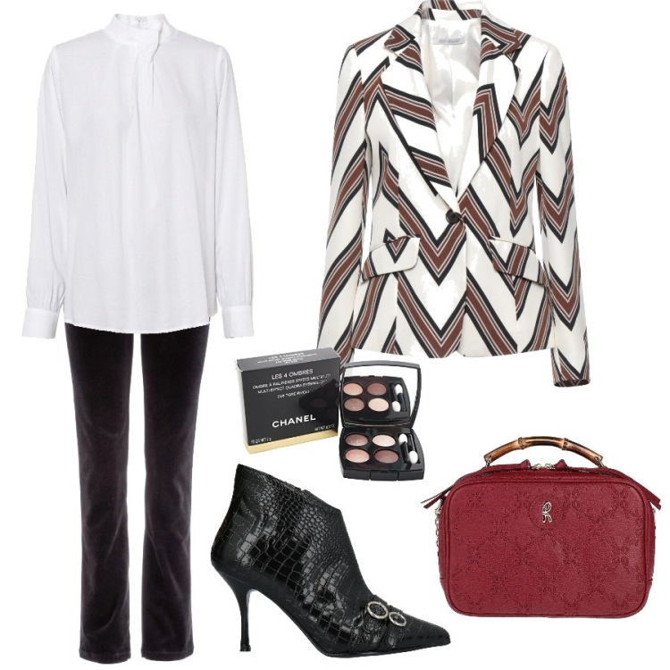 Outfit donna - La giacca particolare. Stile Casual chic per Serata fuori. Abbinamento con pantaloni, bluse, blazer, borse a mano, stivaletti, ombretti.