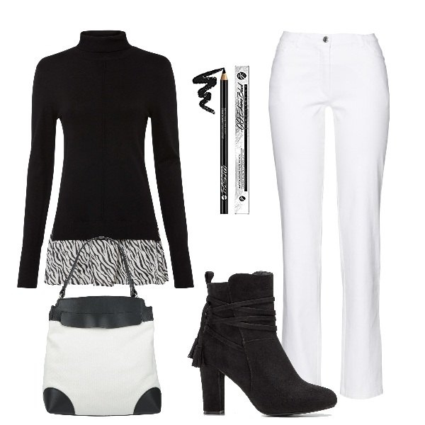 Outfit donna - Black and white. Stile Casual chic per Tutti i giorni. Abbinamento con pantaloni, maglieria, stivaletti, borse a mano, eyeliner.