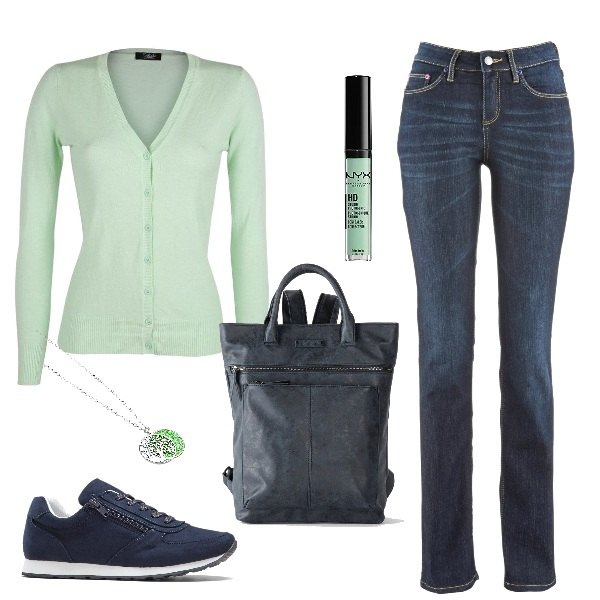 Outfit donna - Verde freddo. Stile Casual per Tutti i giorni. Abbinamento con jeans dritti, zaini, sneakers, cardigans, ciondoli, correttori.