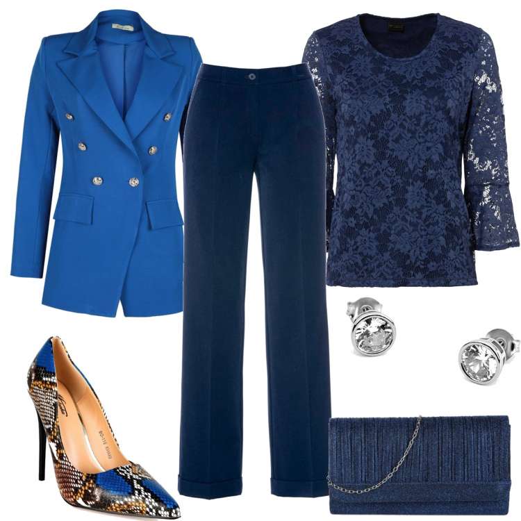 Outfit donna - Elegante blu. Stile Chic per Cerimonia. Abbinamento con pantaloni, bluse, blazer, décolleté, pochette, orecchini.