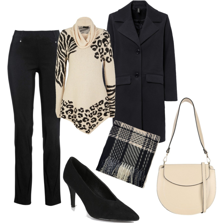 Outfit donna - Beige animalier. Stile Casual chic per Tutti i giorni. Abbinamento con pantaloni, maglieria, cappotti, borse a spalla, décolleté, foulard.