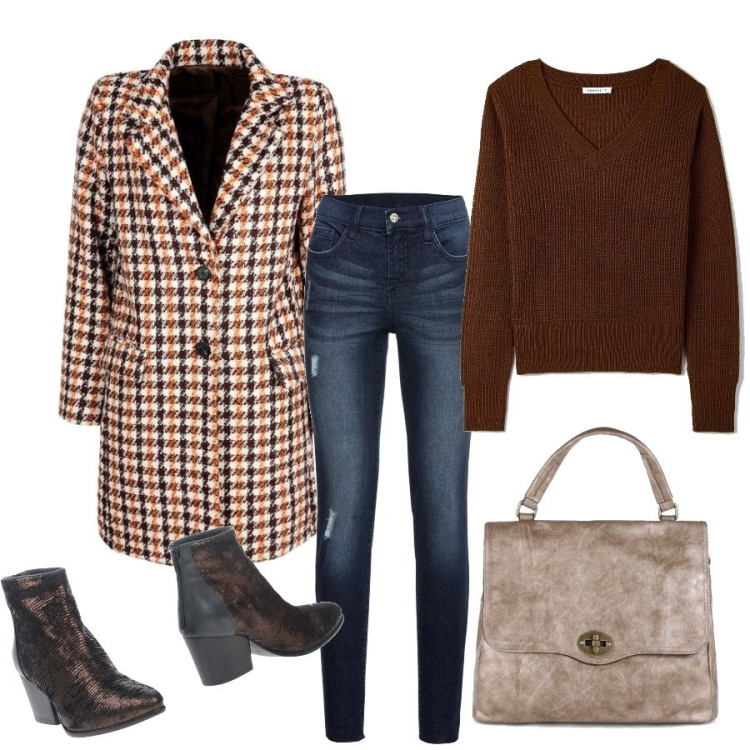 Outfit donna - Il cappotto quadrettato. Stile Casual chic per Ufficio. Abbinamento con jeans strappati, stivaletti, cappotti, borse a mano, maglieria.