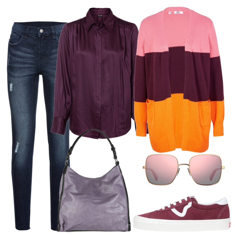 Outfit donna - I capelli viola. Stile Casual per Tutti i giorni. Abbinamento con jeans strappati, cardigans, camicie, sneakers, borse a spalla, occhiali da sole.