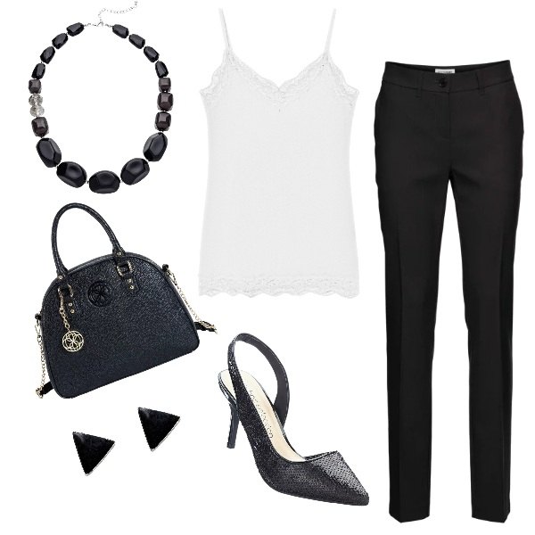 Outfit donna - Black & white. Stile Trendy per Tutti i giorni. Abbinamento con pantaloni, décolleté pumps con cinturino e paillettes con tacco alto nero, collana nero, borsa a tracolla nero, canottiera con pizzo e spalline sottili bianco, orecchini a bottone farfalla argento e nero.