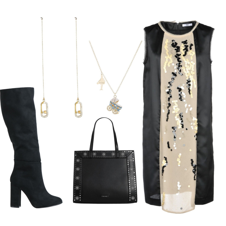 Outfit donna - Total look #1494779. Abbinamento con borse a mano, vestiti corti, stivali, orecchini, ciondoli.