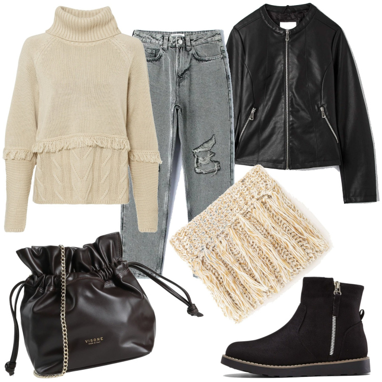 Outfit donna - Un pull particolare. Stile Trendy per Tutti i giorni. Abbinamento con stivaletti, maglieria, borse a tracolla, cappotti, jeans mom, sciarpe.