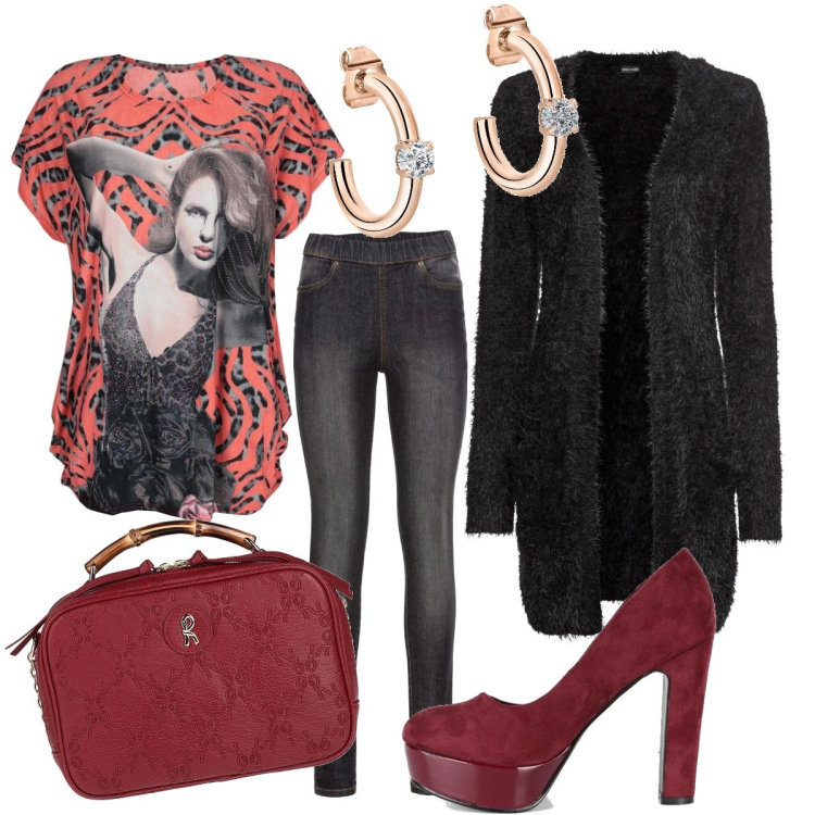 Outfit donna - Chic per un invito a casa o fuori. Stile Chic per Serata fuori. Abbinamento con cardigans, jeggings, borse a mano, t-shirt, décolleté, orecchini.