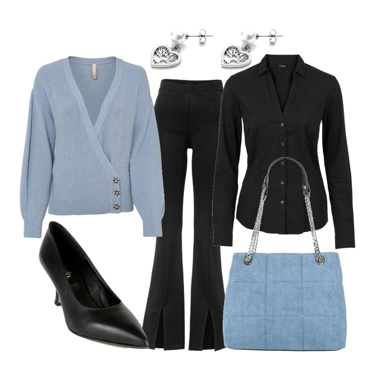 Outfit donna - Total look #1494905. Stile Casual chic per Ufficio. Abbinamento con camicie, maglieria, leggings, borse a spalla, décolleté, orecchini.