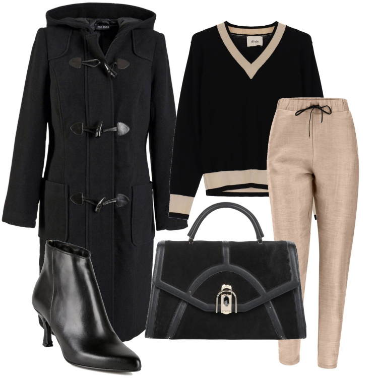 Outfit donna - Il cappotto con gli alamari. Stile Casual chic per Ufficio. Abbinamento con montgomery, borse a mano, stivaletti, pantaloni, pullovers.