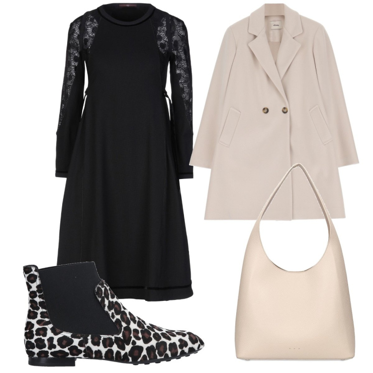 Outfit donna - Abito nero e cappotto beige. Stile Casual per Tutti i giorni. Abbinamento con stivaletti chelsea, vestiti corti, cappotti, borse a mano.