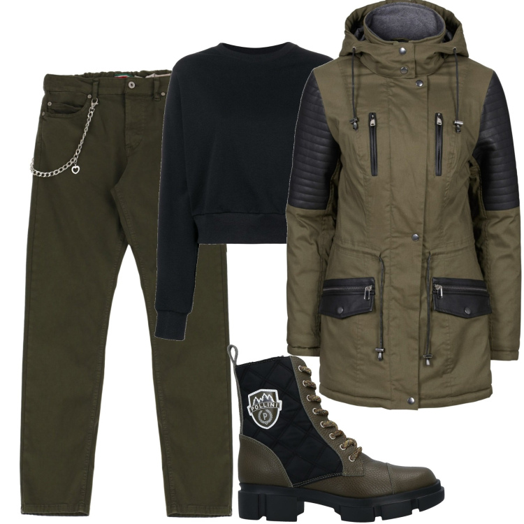 Outfit donna - In città. Stile Trendy per Tutti i giorni. Abbinamento con parka, stivaletti, pantaloni capri, felpe.