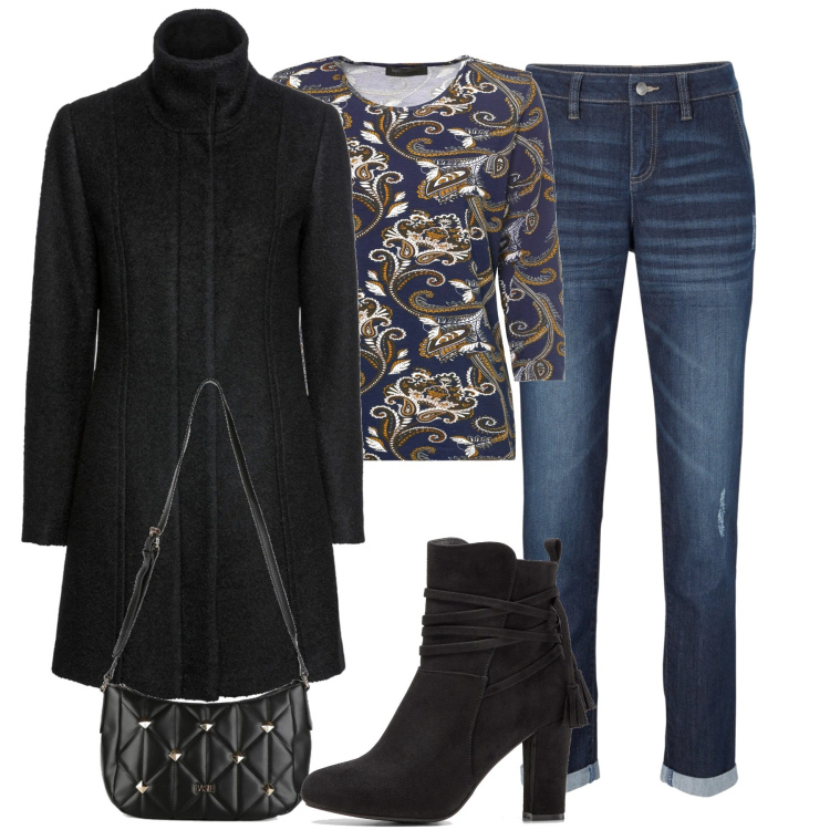 Outfit donna - Total look #1495024. Stile Casual chic per Tutti i giorni. Abbinamento con jeans boyfriend, cappotti, stivaletti, maglieria, borse a tracolla.