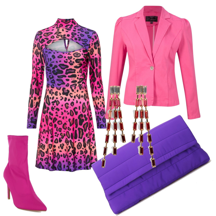 Outfit donna - Hot Pink. Stile Glamour per Serata fuori. Abbinamento con camicie a manica corta, vestiti, orecchini, stivaletti, pochette.