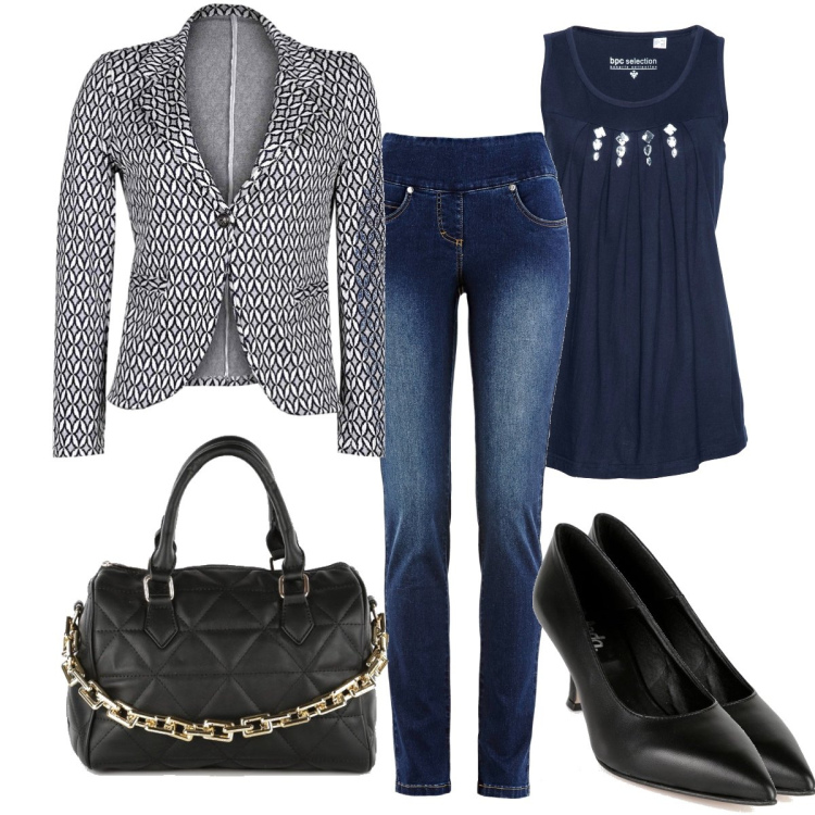 Outfit donna - Eleganza casual. Stile Casual chic per Ufficio. Abbinamento con jeans slim fit, top, blazer, borse a mano, décolleté.