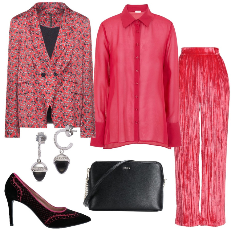 Outfit donna - Velluto rosso. Stile Chic per Serata fuori. Abbinamento con décolleté, blazer, pantaloni, camicie, borse a tracolla, orecchini.