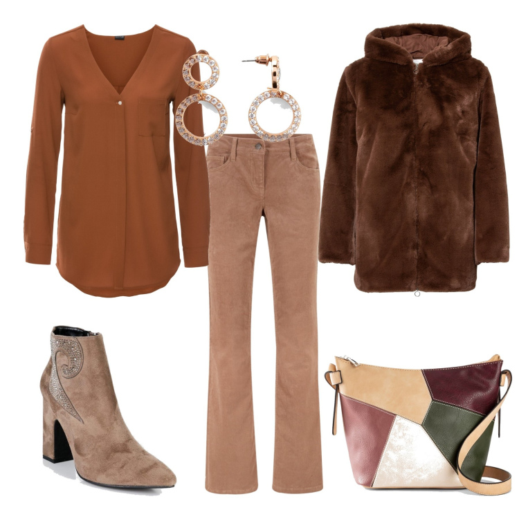 Outfit donna - Caramello e dintorni. Stile Casual per Tutti i giorni. Abbinamento con camicie, pantaloni, ecopellicce, borse a tracolla, orecchini, stivaletti.