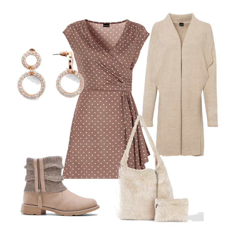 Outfit donna - Abito corto e stivaletti. Stile Casual per Tutti i giorni. Abbinamento con stivaletti, vestiti, cardigans, shopping bag, orecchini.