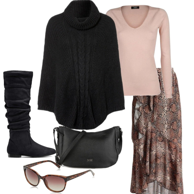 Outfit donna - Nero e altro. Stile Casual per Tutti i giorni. Abbinamento con stivali, cappotti, gonne lunghe, pullovers, borse a tracolla, occhiali da sole.