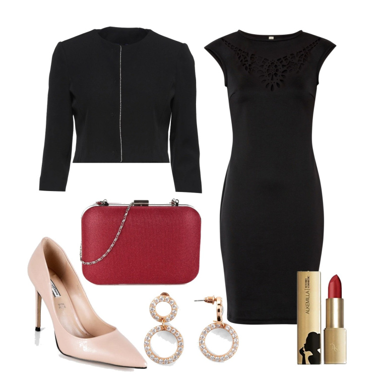 Outfit donna - Abito cut on e giacca corta. Stile Basic per Serata fuori. Abbinamento con vestiti, orecchini, blazer, décolleté, pochette, rossetti.