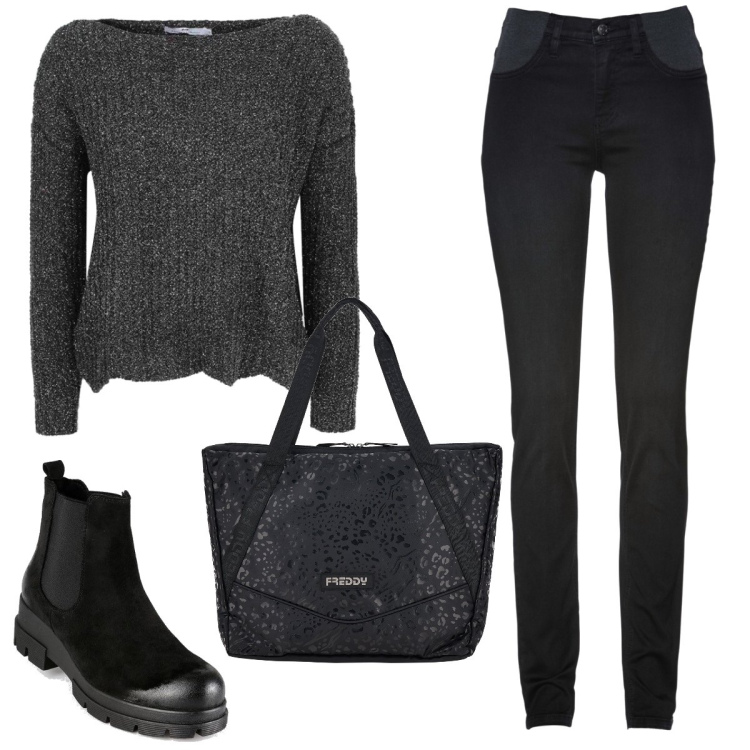 Outfit donna - Black and grey. Stile Casual per Tutti i giorni. Abbinamento con jeans skinny, stivaletti, maglieria, borse tote.