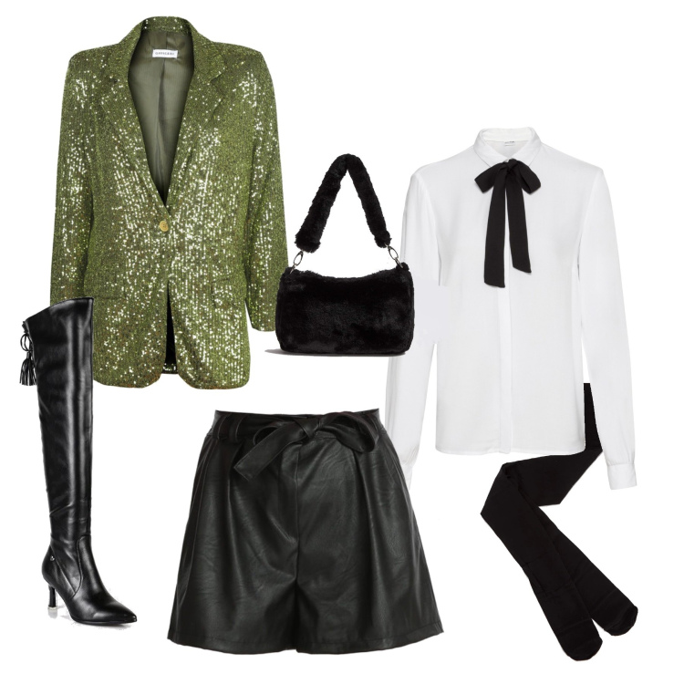Outfit donna - Total look #1495458. Abbinamento con camicie, stivali sopra il ginocchio, blazer, shorts, collant, borse a spalla.