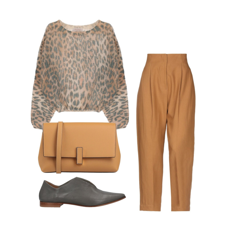 Outfit donna - Capi color caramello. Stile Casual chic per Ufficio. Abbinamento con pantaloni, mocassini, borse a tracolla, maglieria.