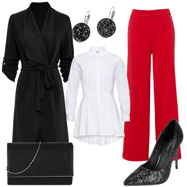 Outfit donna - Total look #1495833. Stile Chic per Serata fuori. Abbinamento con camicie, giacche, pantaloni a palazzo, orecchini, scarpe col tacco, pochette.