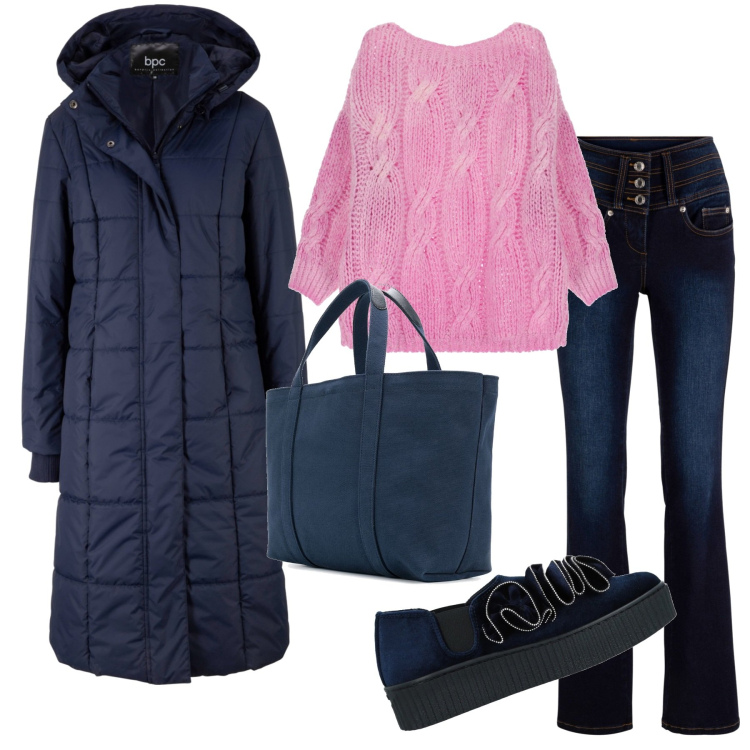 Outfit donna - Il maglione maxi trecce. Stile Casual per Scuola/Università. Abbinamento con jeans bootcut, blazer, sneakers, maglieria, borse tote.