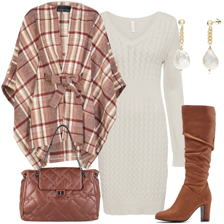 Outfit donna - In città. Stile Casual chic per Tutti i giorni. Abbinamento con vestiti, cappe, stivali, borse a spalla, orecchini.