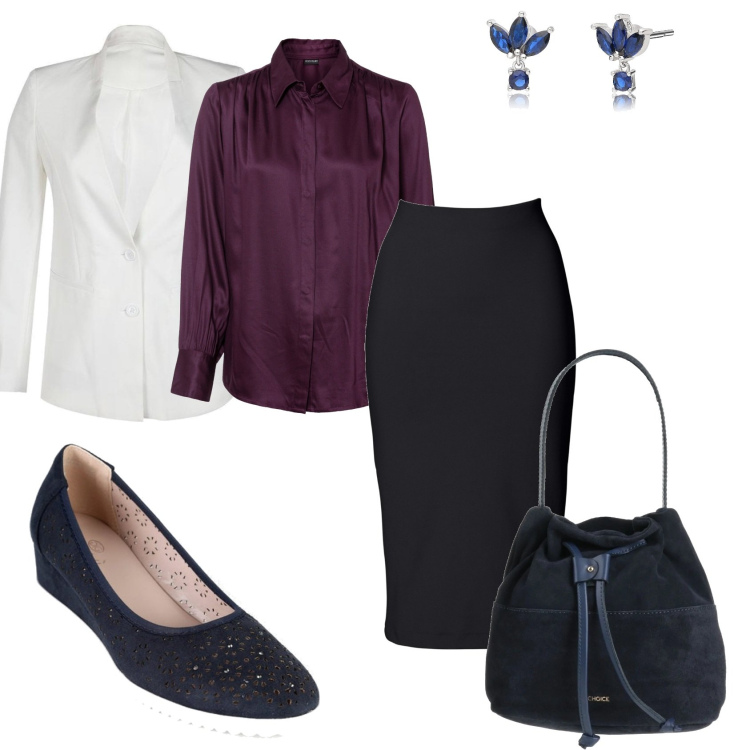 Outfit donna - Elegante in blu e viola. Stile Chic per Tutti i giorni. Abbinamento con gonne longuette, camicie, borse a mano, ballerine, blazer, orecchini.