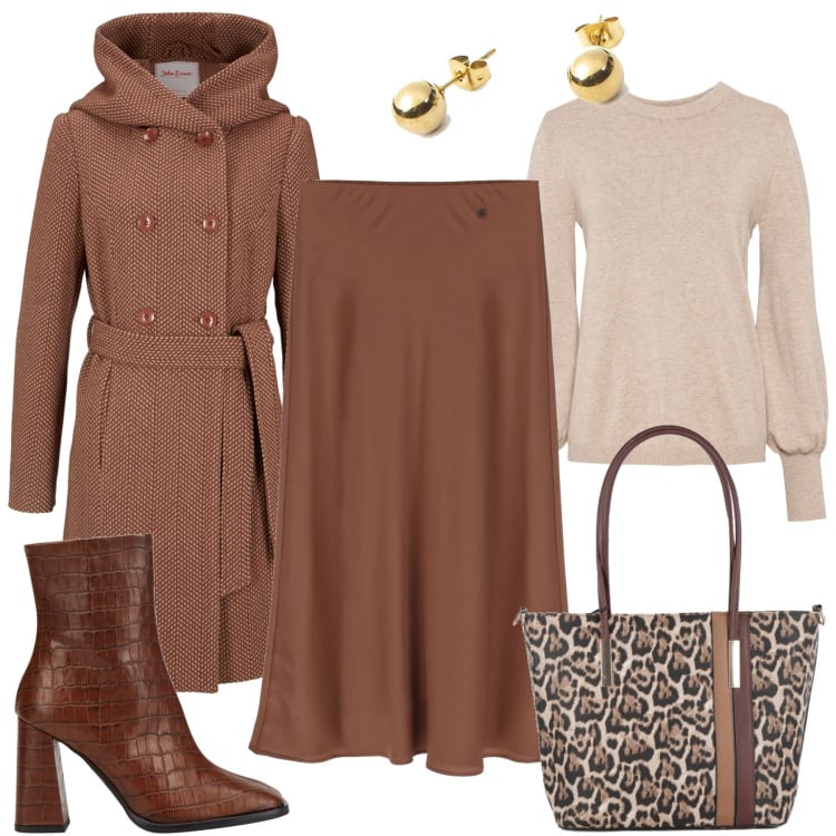 Outfit donna - Gonna caramello. Stile Chic per Tutti i giorni. Abbinamento con stivaletti, maglieria, cappotti, borse a spalla, gonne longuette, orecchini.