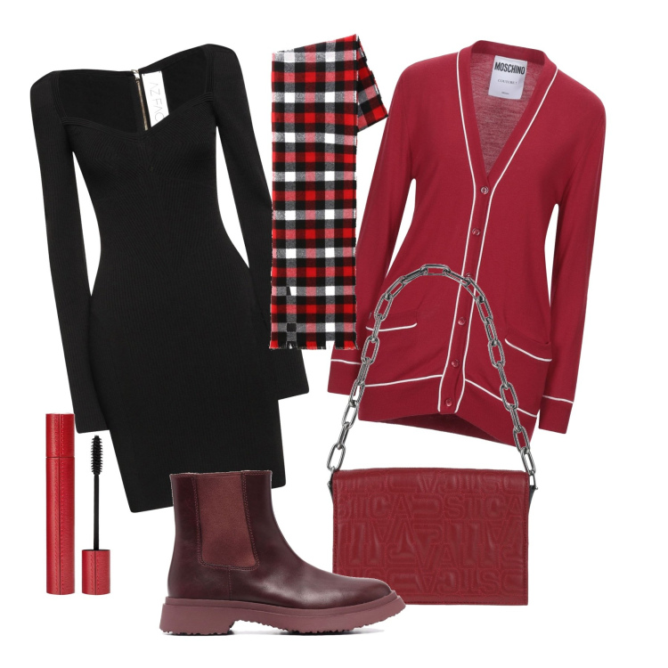 Outfit donna - Rosso augurale. Stile Chic per Tutti i giorni. Abbinamento con vestiti corti, cardigans, borse a mano, stivaletti chelsea, sciarpe, mascara.
