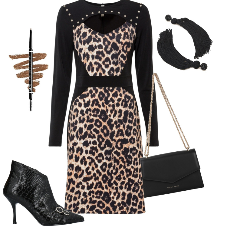 Outfit donna - Serata. Stile Sexy per Serata fuori. Abbinamento con borse a tracolla, stivaletti, vestiti corti, orecchini, matite sopracciglia.