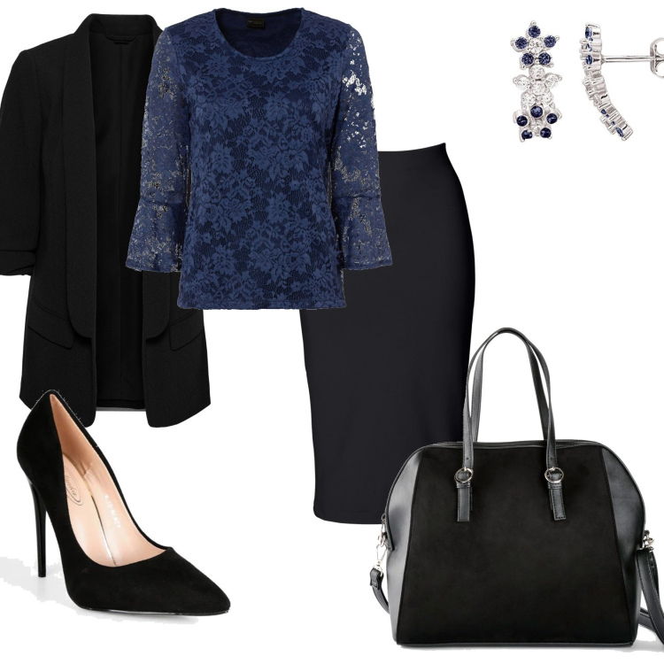 Outfit donna - Elegante in pizzo. Stile Chic per Serata fuori. Abbinamento con gonne longuette, blazer, bluse, borse a mano, décolleté, orecchini.