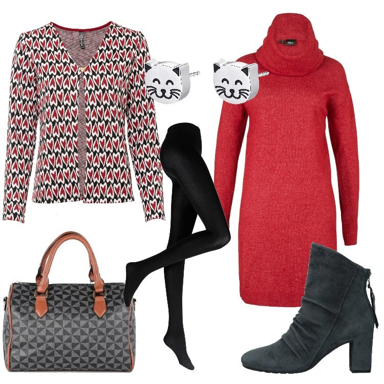Outfit donna - Abito rosso con collo a ciambella. Stile Casual per Tutti i giorni. look ideale per Petite. Abbinamento con collant, vestiti, cardigans, stivaletti, borse a mano, orecchini.