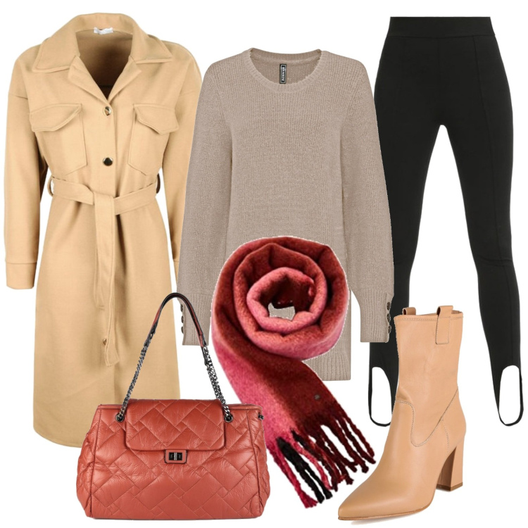 Outfit donna - Camel. Stile Basic per Tutti i giorni. Abbinamento con maglieria, leggings, borse a spalla, cappotti, stivaletti, sciarpe.