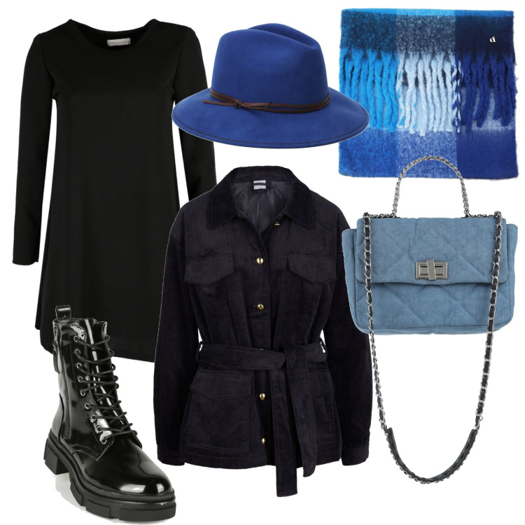 Outfit donna - Toni del blu. Stile Casual per Tutti i giorni. Abbinamento con cappotti, borse a mano, vestiti lunghi, anfibi, cappelli, sciarpe.