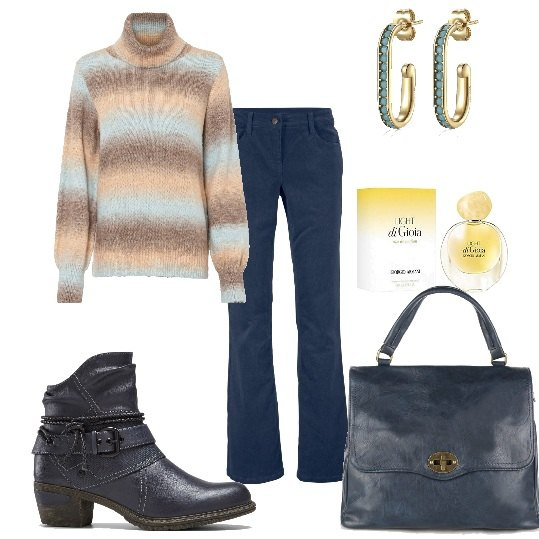 Outfit donna - Collo alto mélange e pantaloni. Stile Casual per Tutti i giorni. Abbinamento con pantaloni, maglieria, stivaletti, borse a mano, orecchini, profumi.