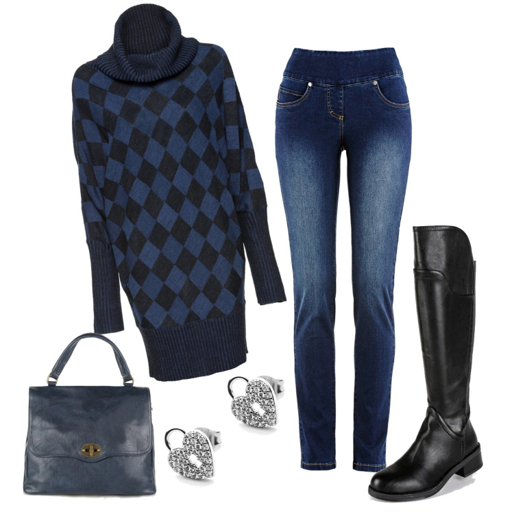 Outfit donna - Se fa freddo. Stile Casual chic per Tutti i giorni. Abbinamento con jeans, pullovers, stivali, borse a mano, orecchini.