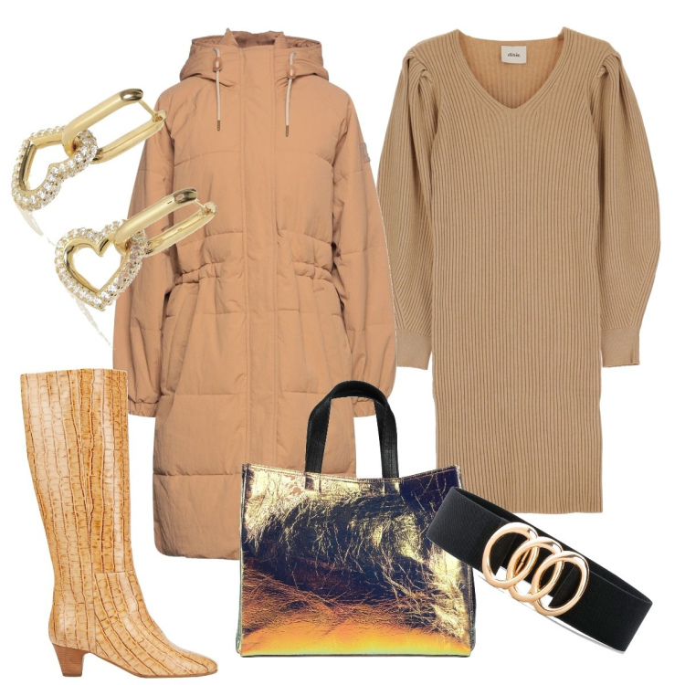 Outfit donna - Lo stivale che mi piace. Stile Minimal per Ufficio. Abbinamento con cinture, piumini, stivali sopra il ginocchio, borse a mano, orecchini, vestiti corti.