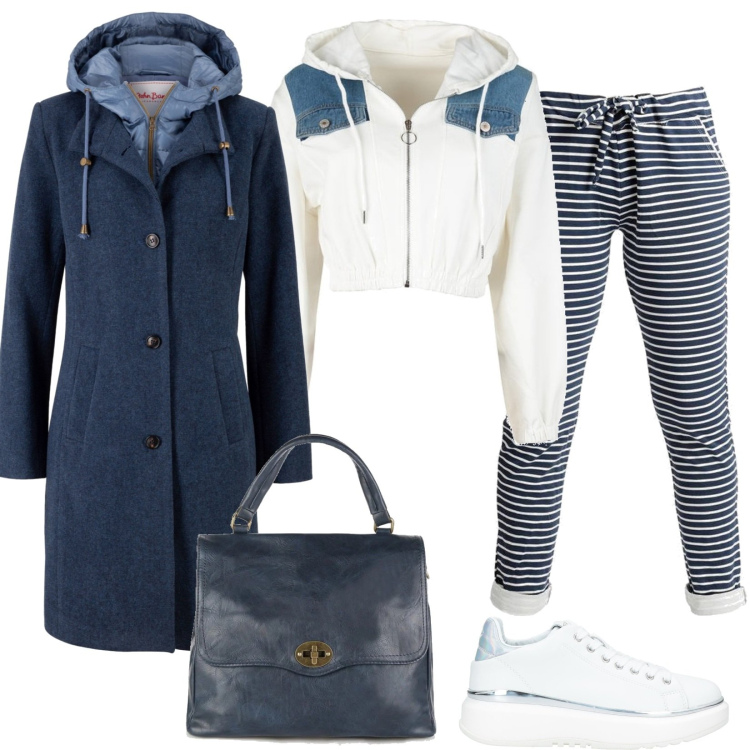 Outfit donna - Sporty bianco e blu. Stile Basic per Tutti i giorni. Abbinamento con cappotti, sneakers, pantaloni, borse a mano, felpe con cappuccio.