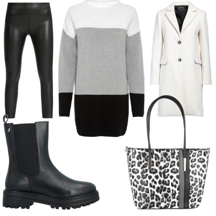 Outfit donna - Black and white. Stile Urban per Ufficio. Abbinamento con maglieria, stivaletti, cappotti, treggings, borse a spalla.