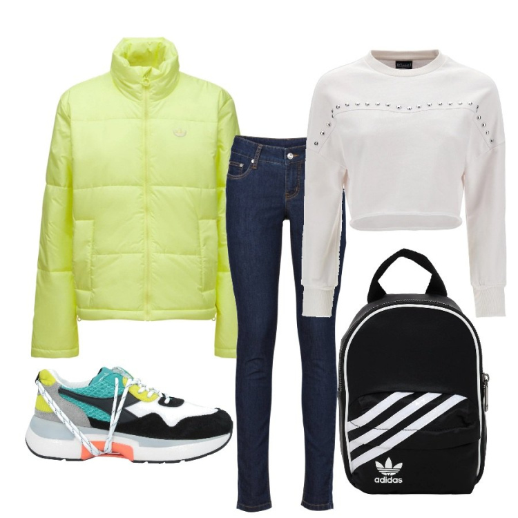 Outfit donna - Il piumino lime. Stile Casual per Scuola/Università. Abbinamento con jeans skinny, sneakers, felpe, piumini, zaini.