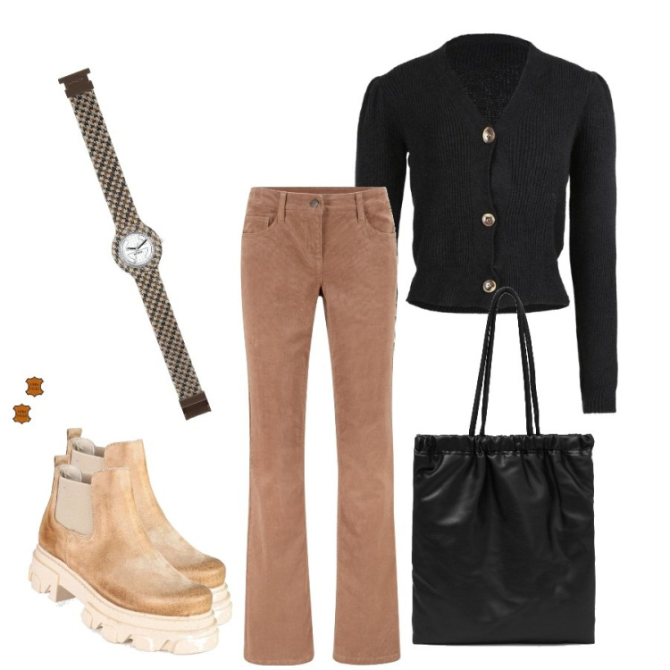 Outfit donna - L\'Hip Hop a quadretti. Stile Casual per Tutti i giorni. Abbinamento con pantaloni, stivaletti, cardigans, orologi, shopping bag.