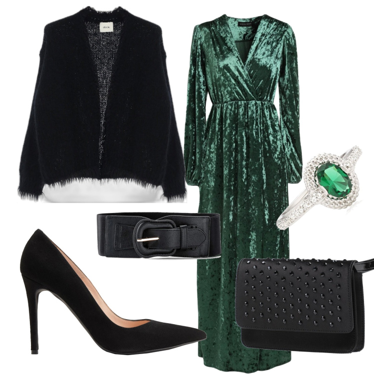 Outfit donna - In lungo. Stile Minimal per Serata fuori. Abbinamento con cinture, vestiti lunghi, décolleté, marsupi, cardigans, anelli.