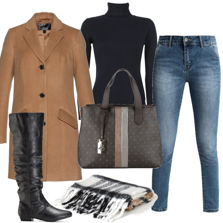 Outfit donna - Total look #1496838. Stile Casual per Tutti i giorni. Abbinamento con stivali sopra il ginocchio, cappotti, borse a mano, jeans slim fit, maglieria, sciarpe.