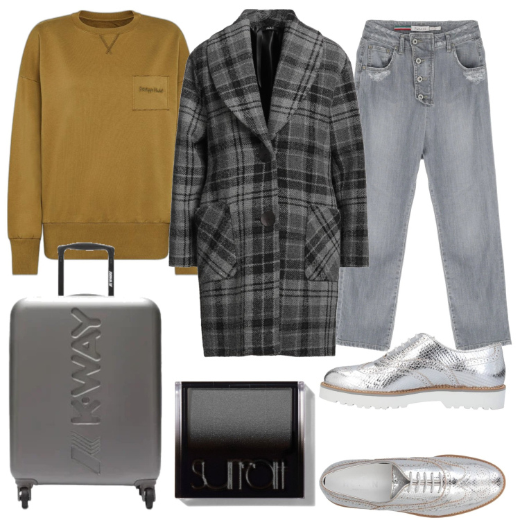 Outfit donna - In partenza. Stile Casual per Tutti i giorni. Abbinamento con scarpe stringate, cappotti, jeans boyfriend, valigie, felpe, ombretti.