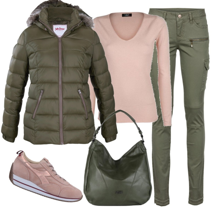 Outfit donna - Total look #1496903. Stile Casual per Tutti i giorni. Abbinamento con pantaloni cargo, piumini, sneakers, pullovers, borse a mano.