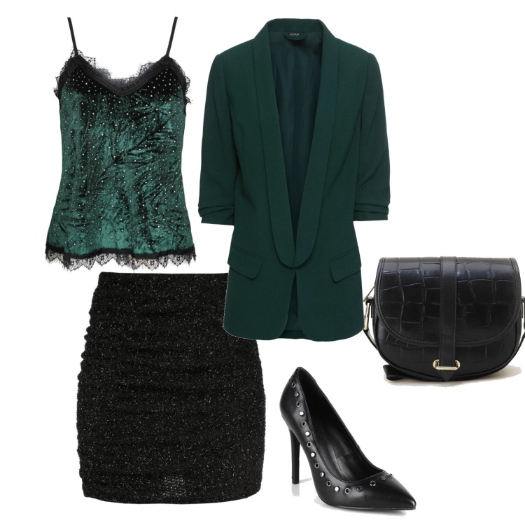 Outfit donna - Capodanno. Stile Sexy per Serata fuori. Abbinamento con blazer, top, minigonne, décolleté, pochette.