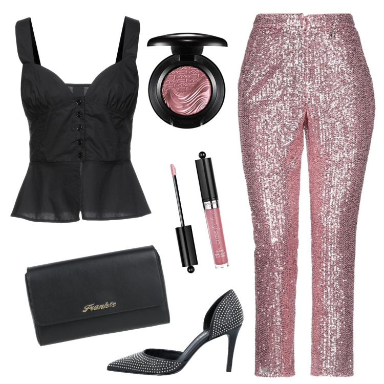 Outfit donna - Blinker. Stile Glamour per Serata fuori. Abbinamento con pantaloni, top, décolleté, borse a mano, ombretti, gloss.